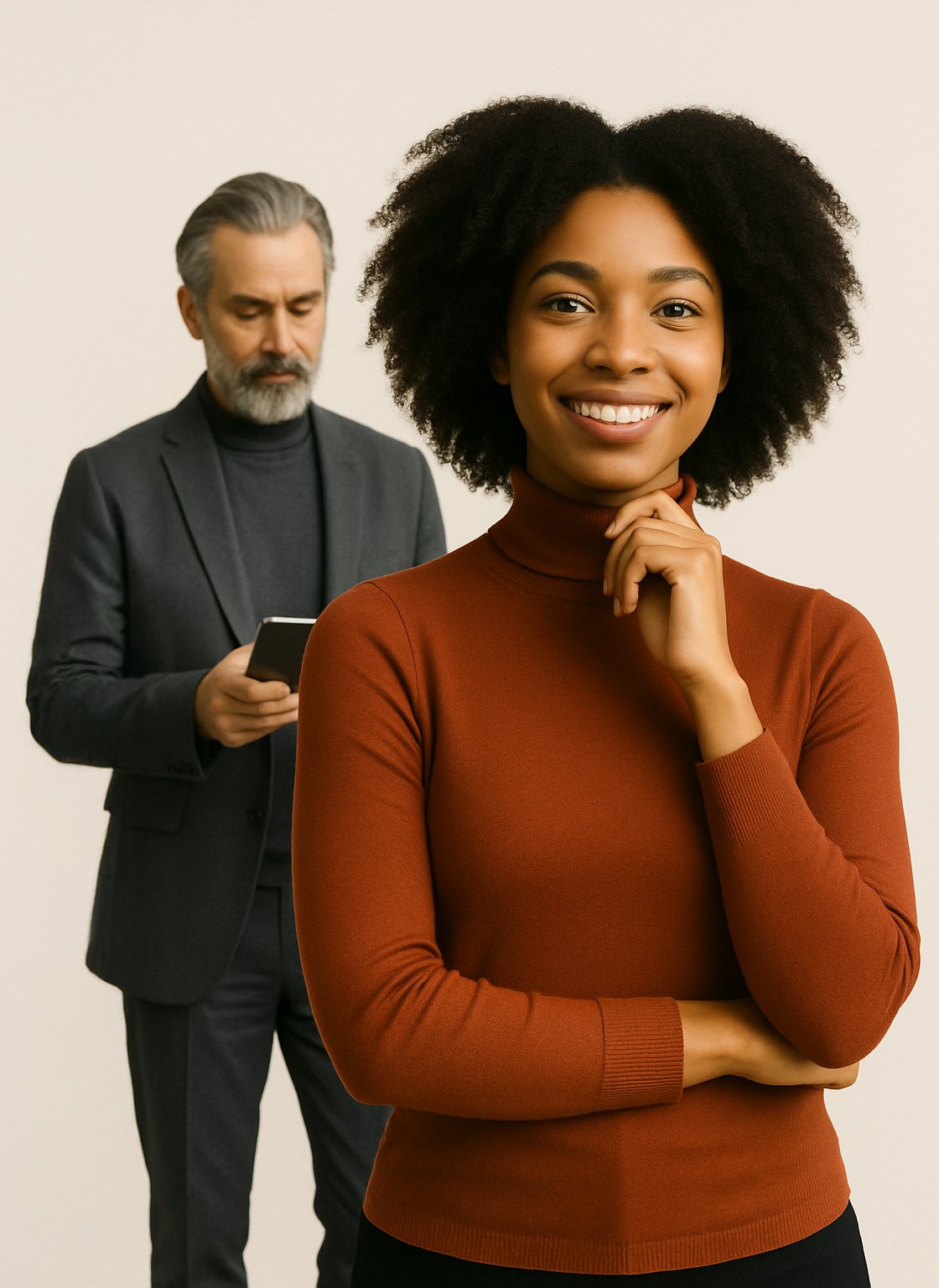 A smiling woman representing authentic personal branding, with a professional man in the background.
